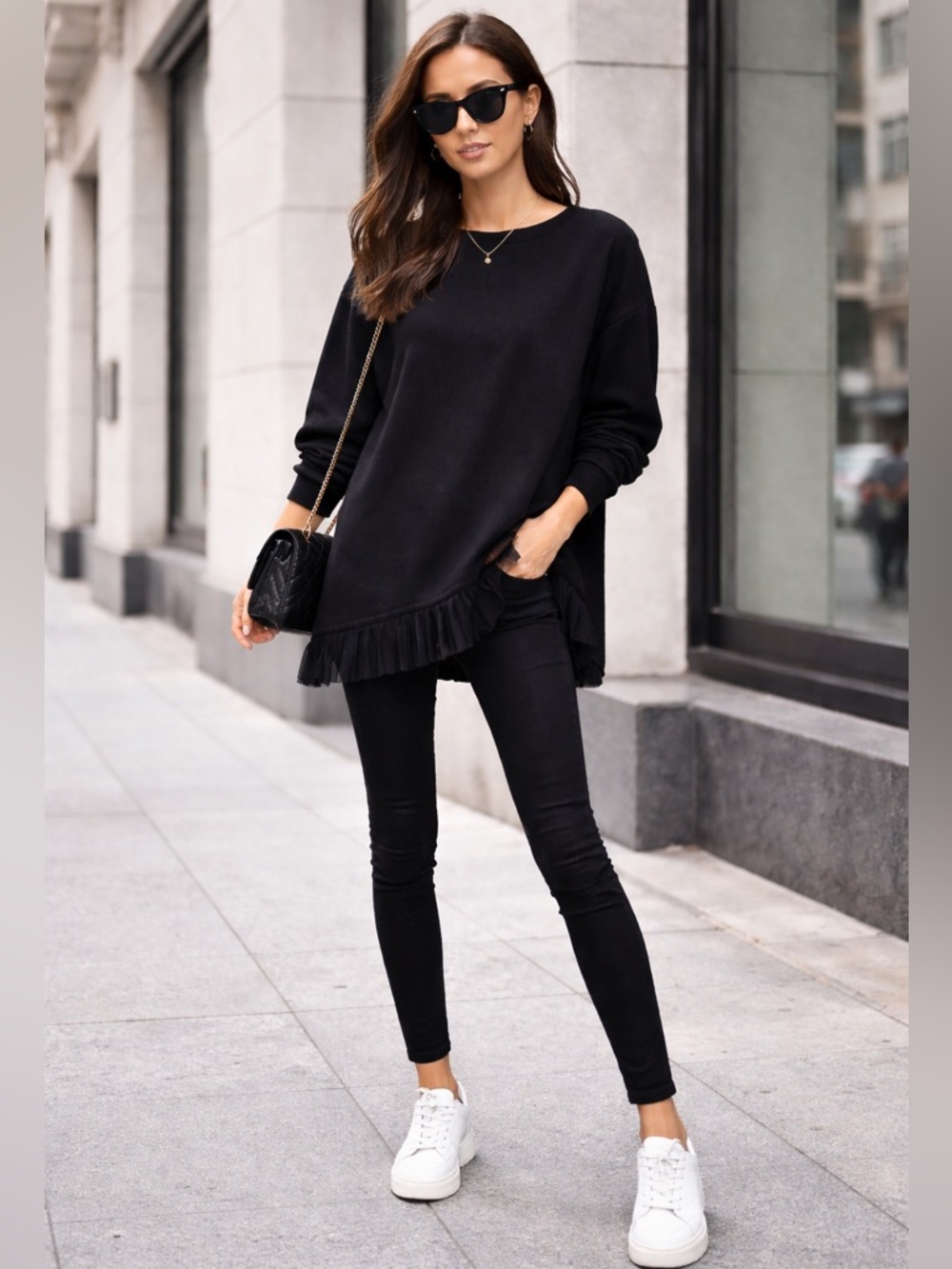 NA-KD Oversized Sweatshirt Tunic Pleated Sheer Hem Cotton Asymmetrical Crew Top